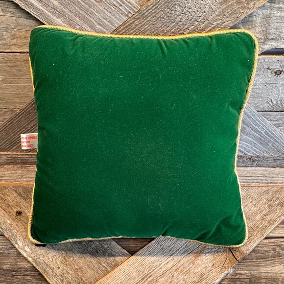 Green Velvet Christmas Gift Holiday Throw Pillow w/ Red Plaid Bow and Gold Trim - Picture 5 of 5